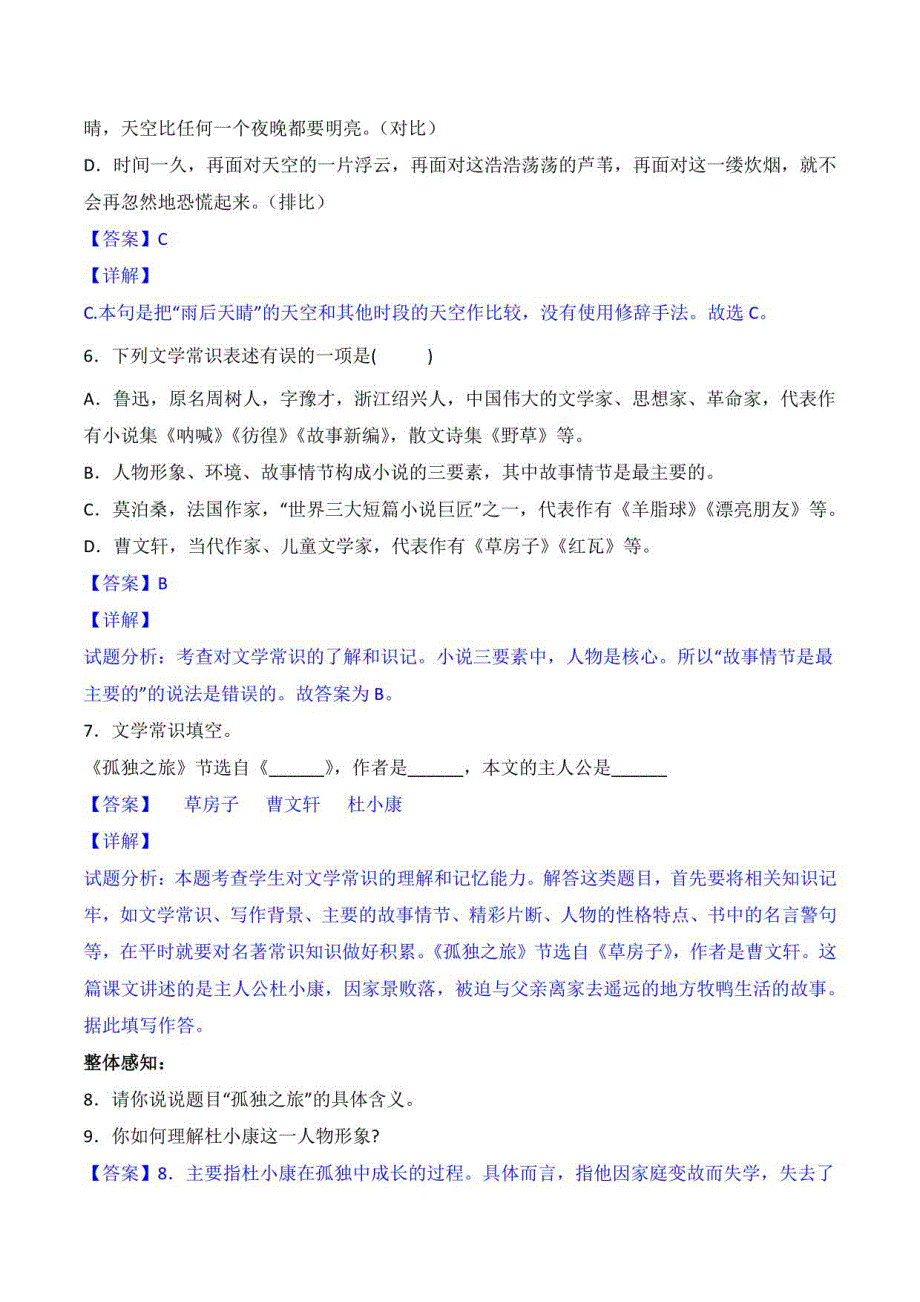 2022-2023学年九年级语文上学期课后练第17课孤独之旅(解析版)_第3页