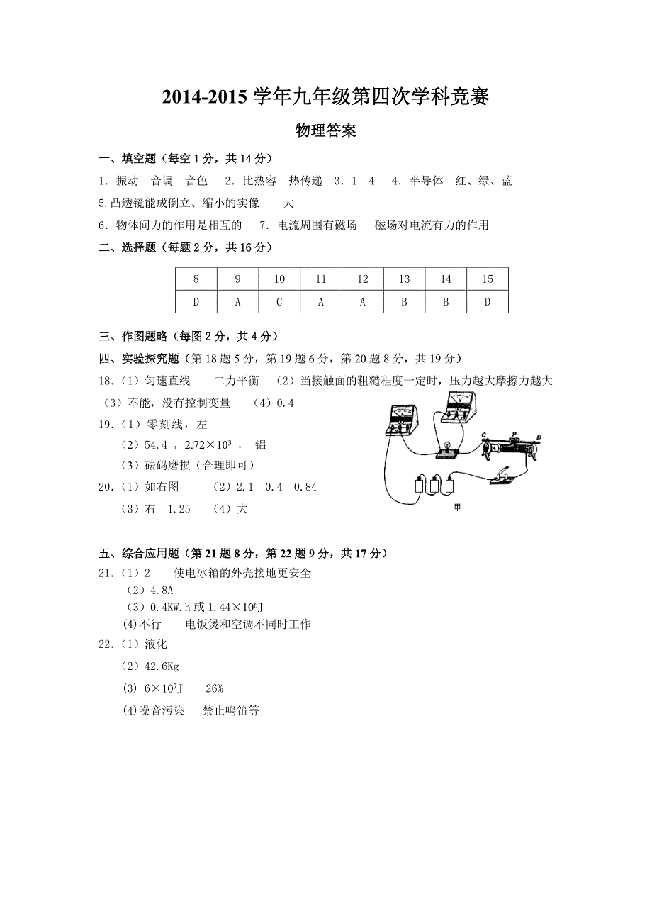 2015九年级第四次月考物理答案_第1页