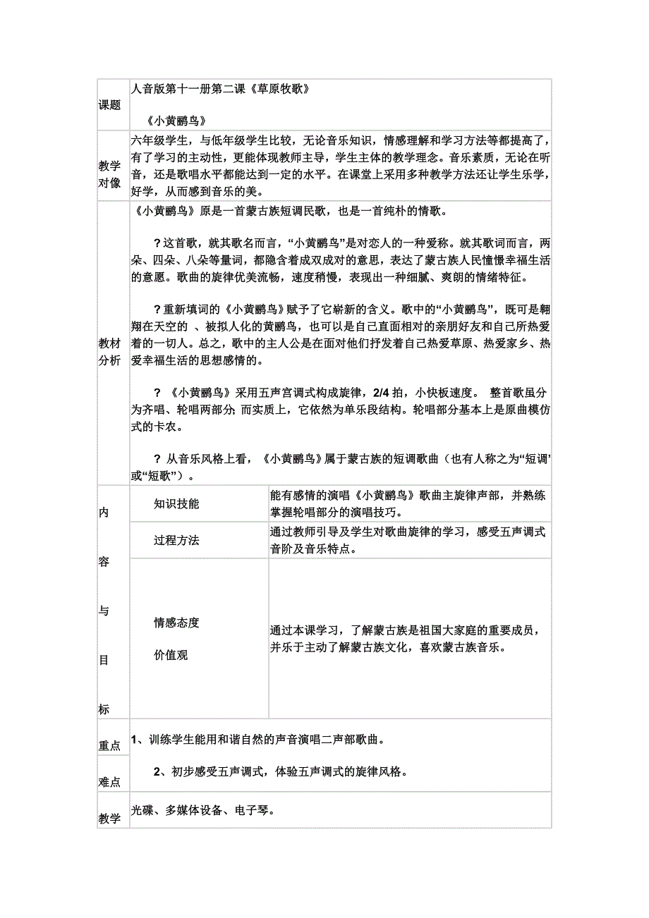 小学六年音乐教案小黄鹂鸟.doc_第1页