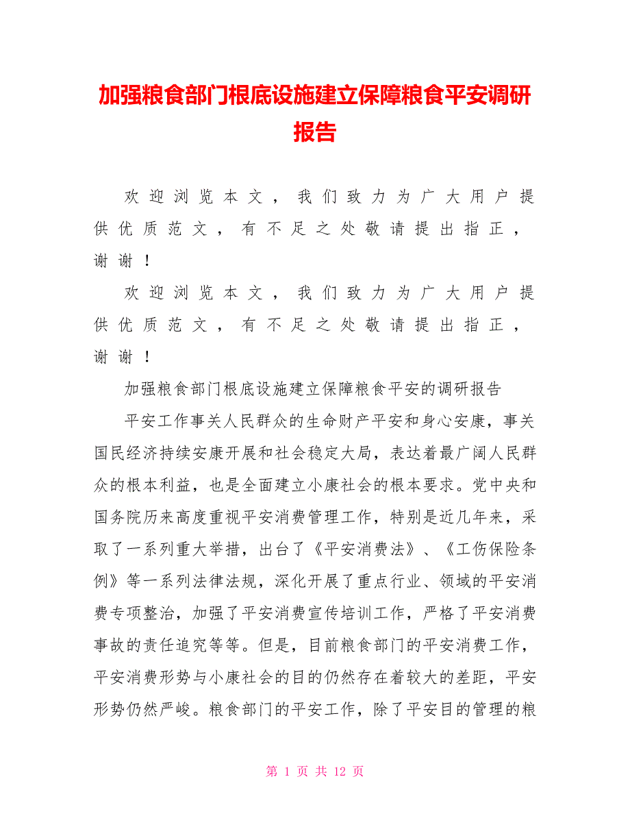 加强粮食部门基础设施建设保障粮食安全调研报告_第1页