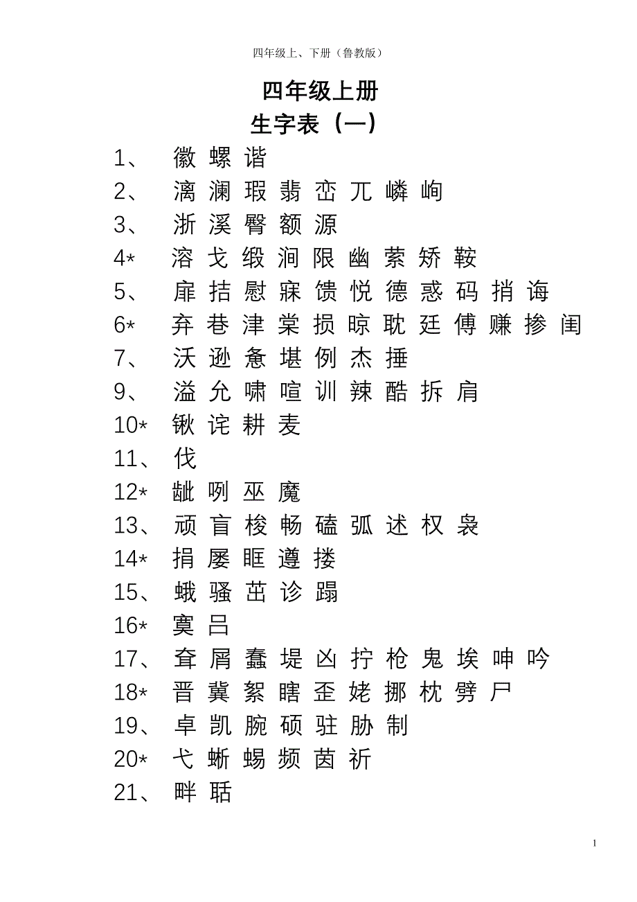四年级上、下册生字表(鲁教版)_第1页