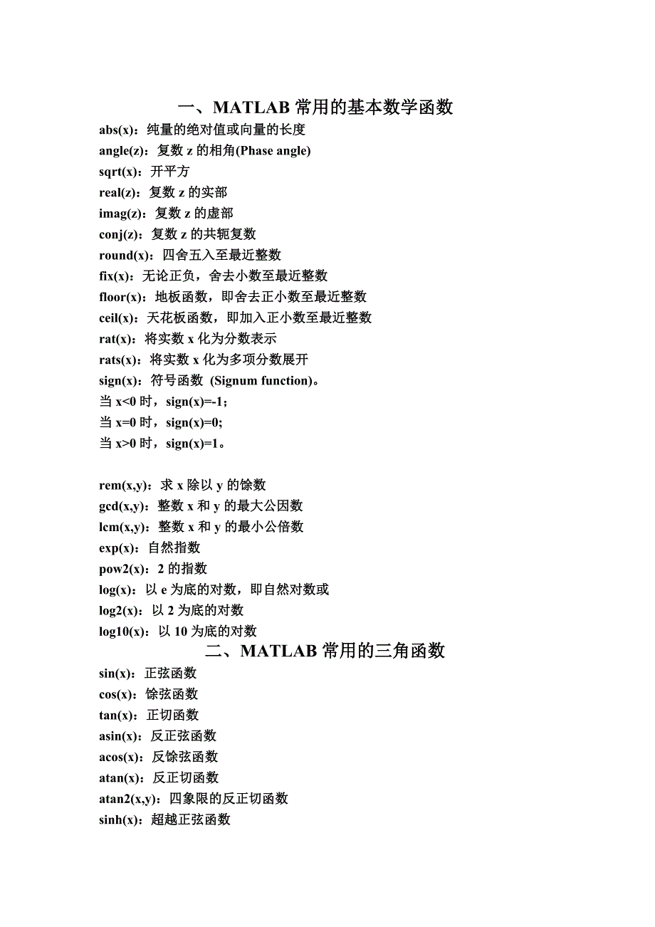 MATLAB经常使用的基本数学函数_第1页