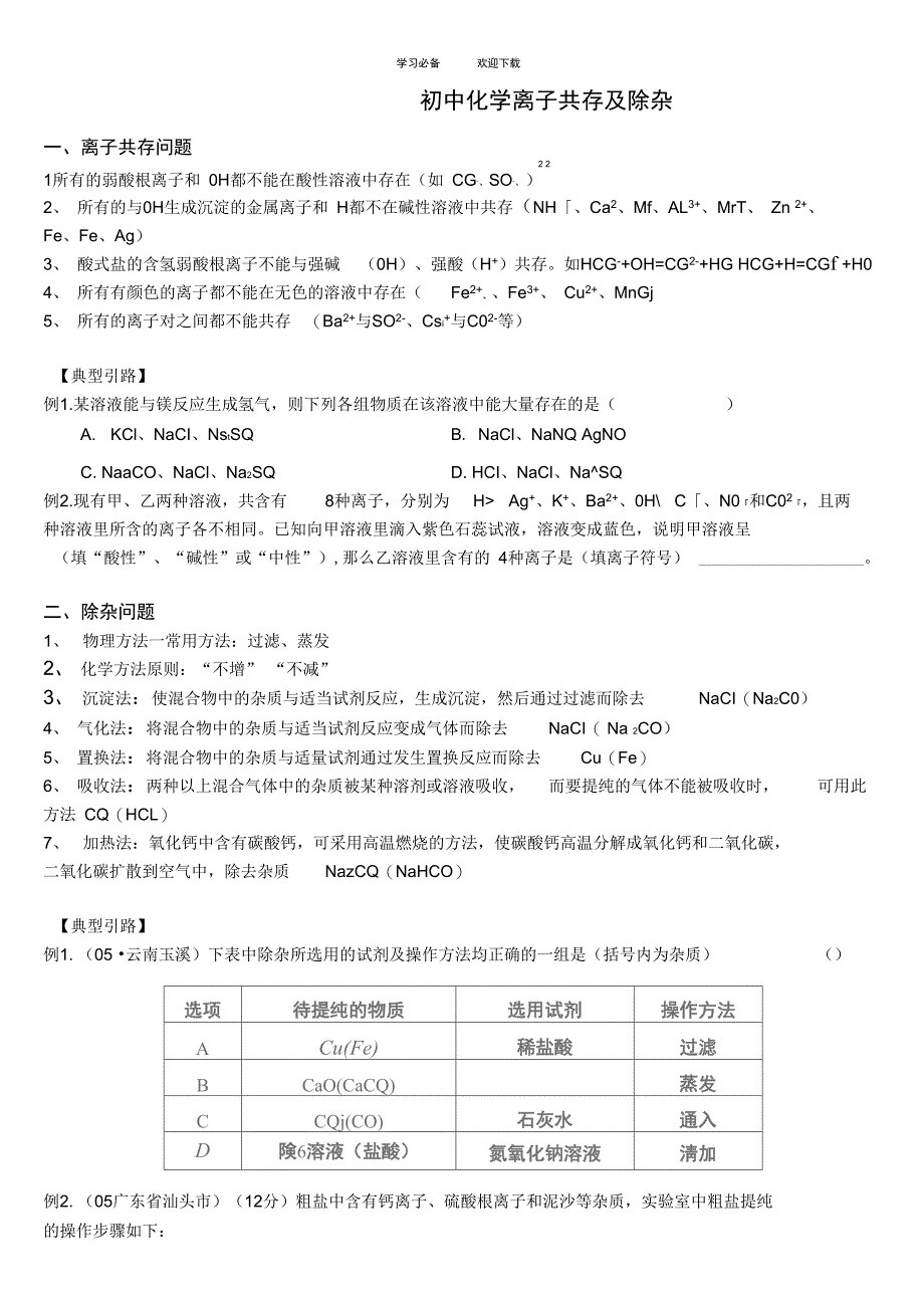 九年级化学离子共存鉴别及除杂_第1页