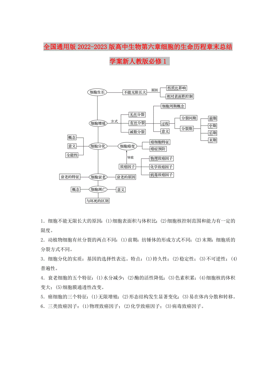 全国通用版2022-2023版高中生物第六章细胞的生命历程章末总结学案新人教版必修1_第1页