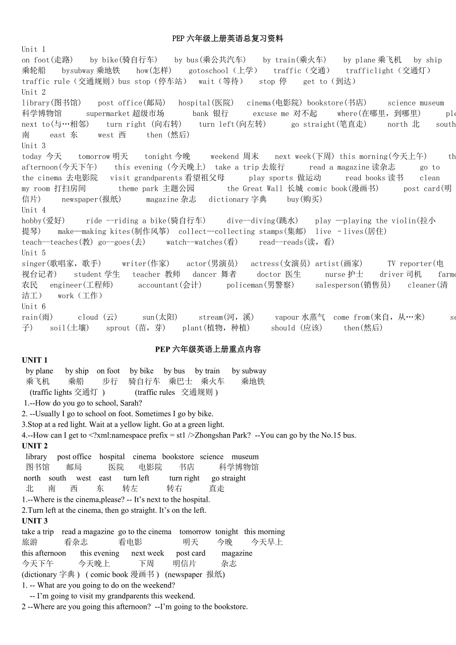 PEP六年级上册英语单词及课文复习资料_第1页