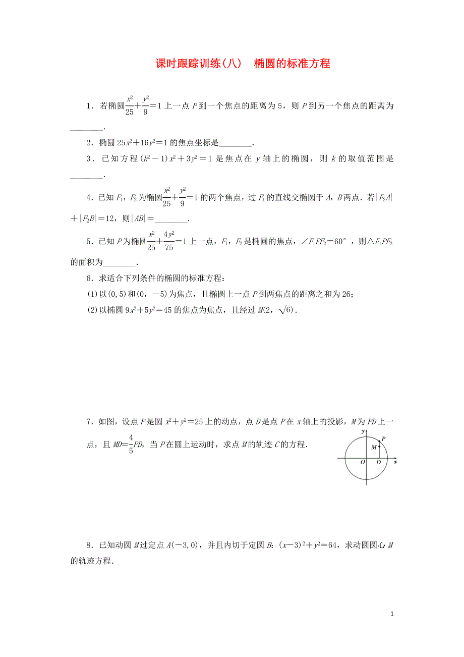 2018-2019学年高中数学 课时跟踪训练（八）椭圆的标准方程（含解析）苏教版选修2-1_第1页