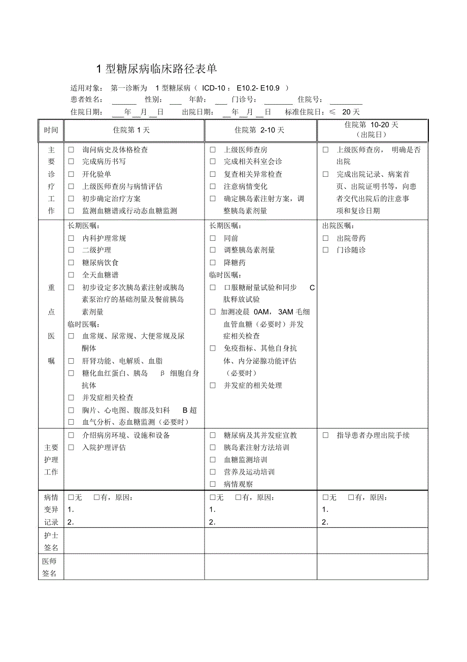 医院1型糖尿病临床路径表单_第1页
