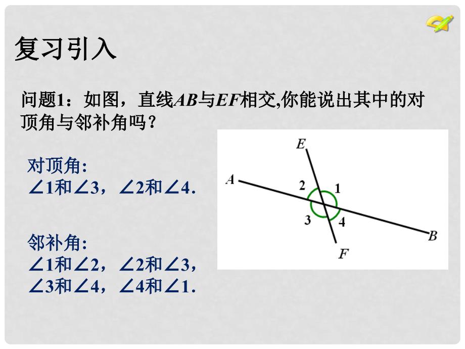 湖南省新邵县酿溪中学七年级数学下册 相交直线所成的角（第2课时）课件 （新版）湘教版_第2页