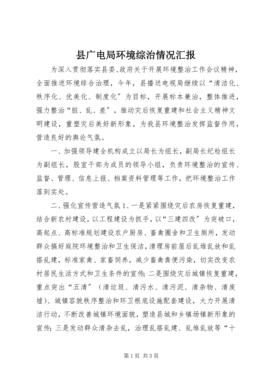 2023年县广电局环境综治情况汇报.docx_第1页