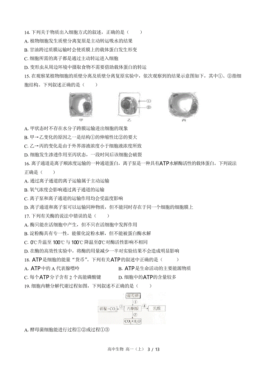 人教版生物必修1期末测试卷3_第3页