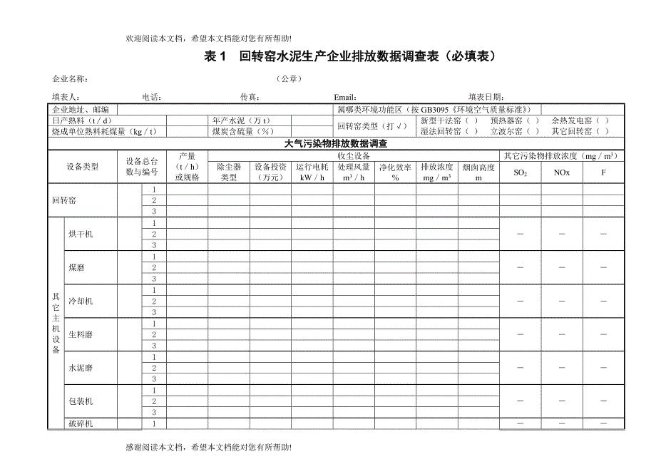 水泥工业污染源及治理效果调查表