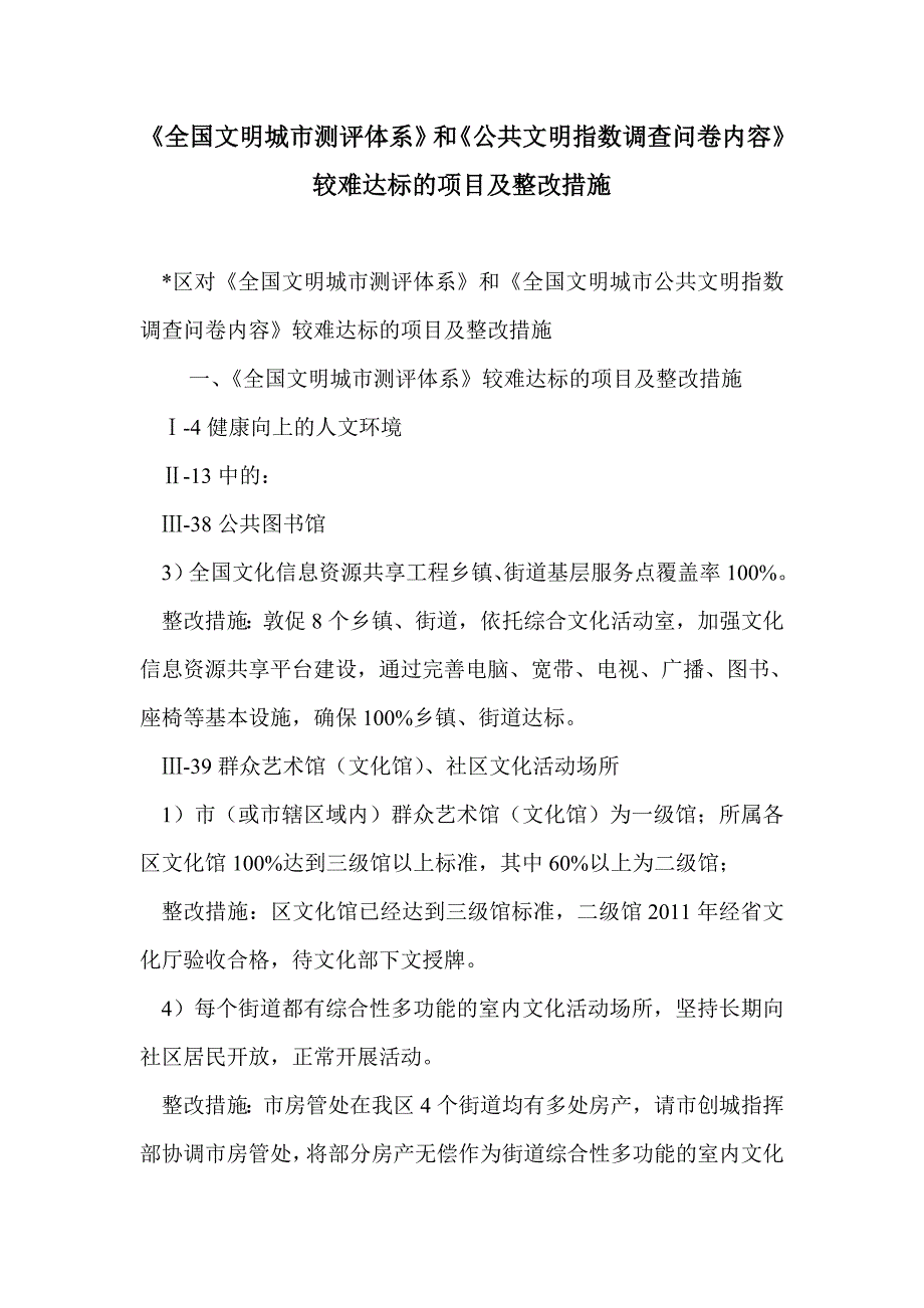 文明城市测评体系和公共文明指数调查问卷内容较难达标的项目及整改措施_第1页