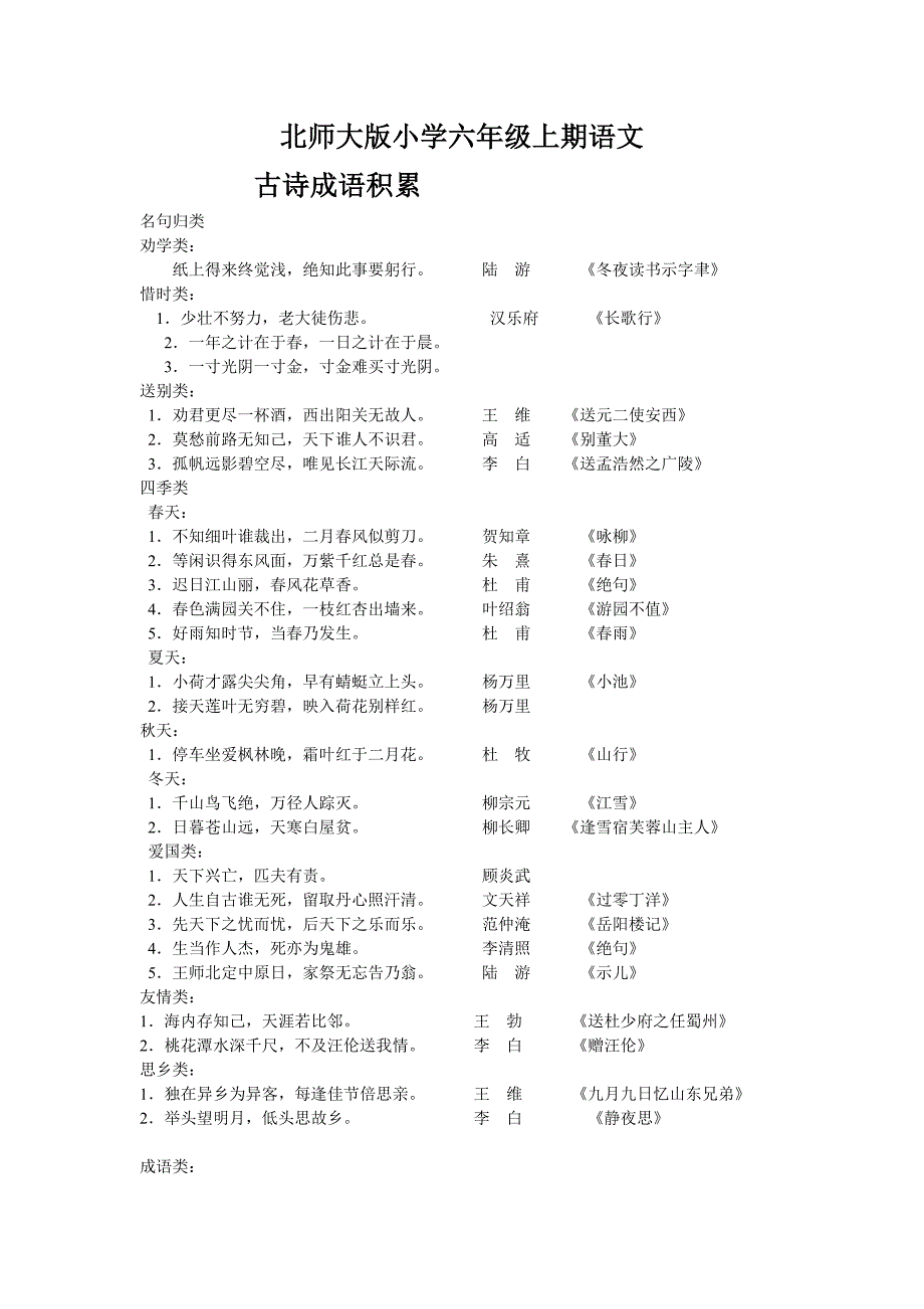 北师大版小学六年级语文上期古诗成语积累 作辅_第1页