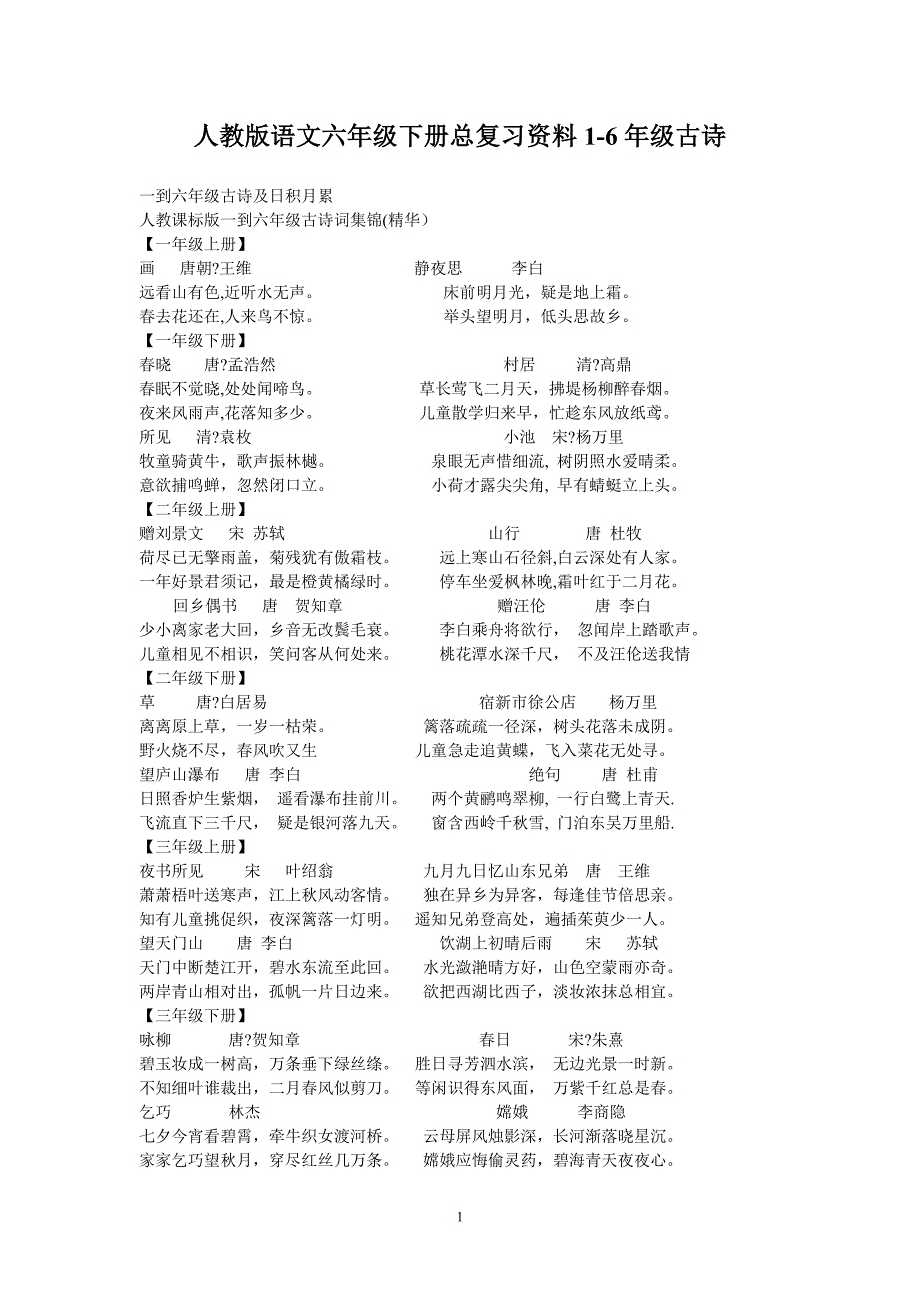 人教版语文六年级下册总复习资料1_第1页