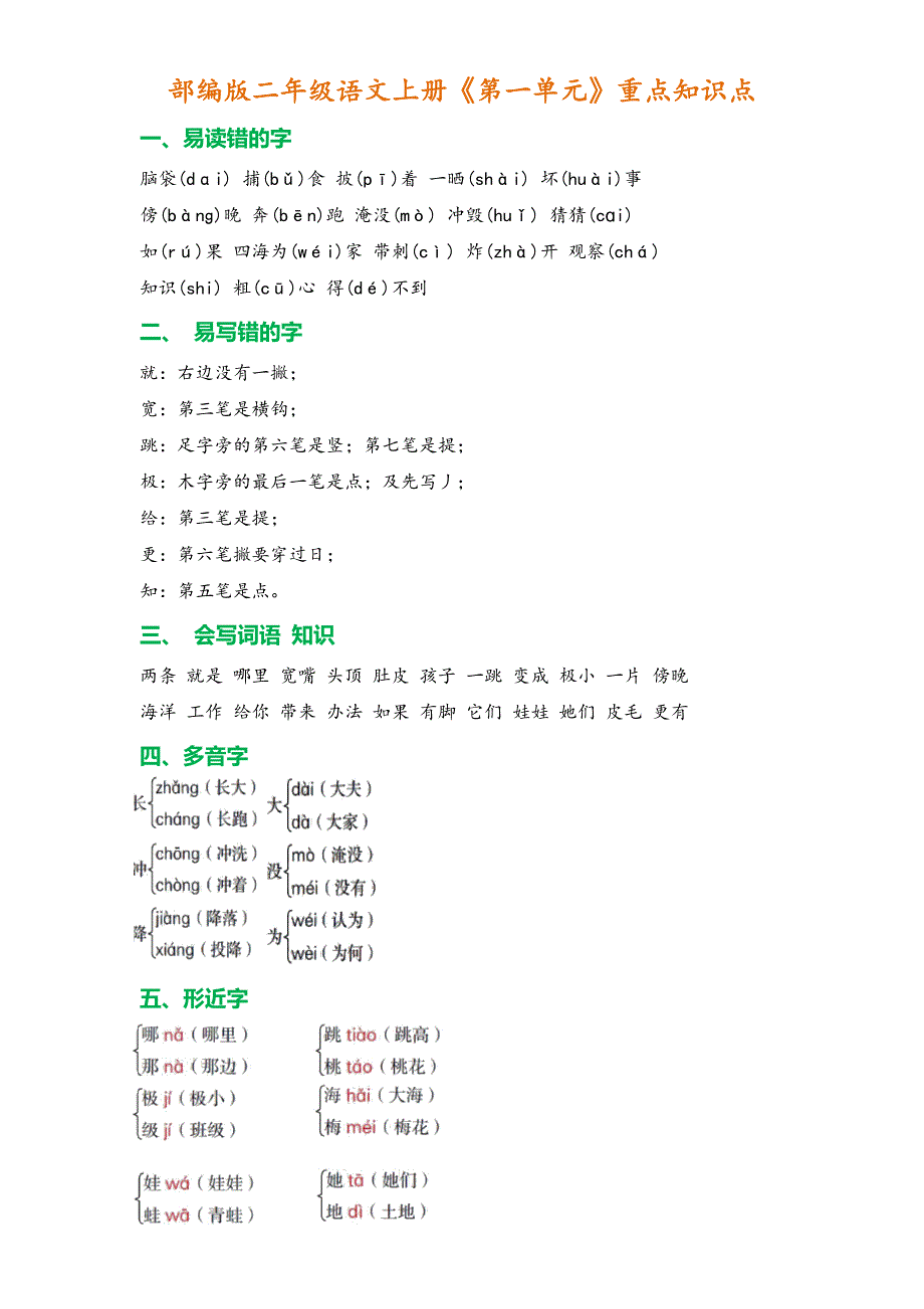 最新部编版二年级语文上册《第一单元》重点知识点汇总.doc_第1页