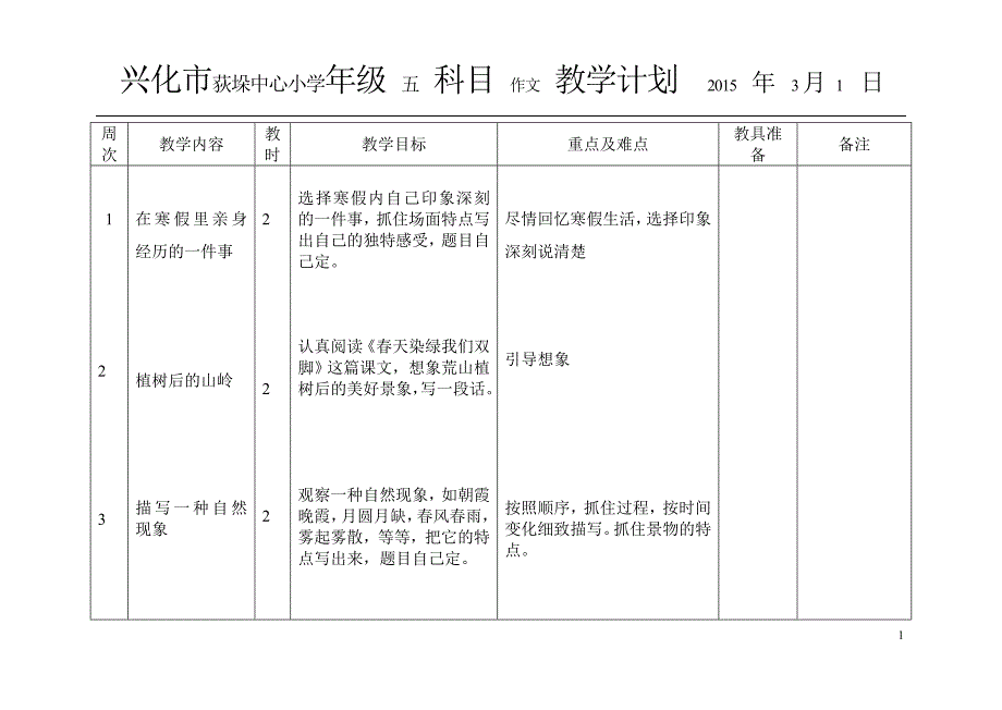 苏教版五年级下册作文教学计划表格_第1页