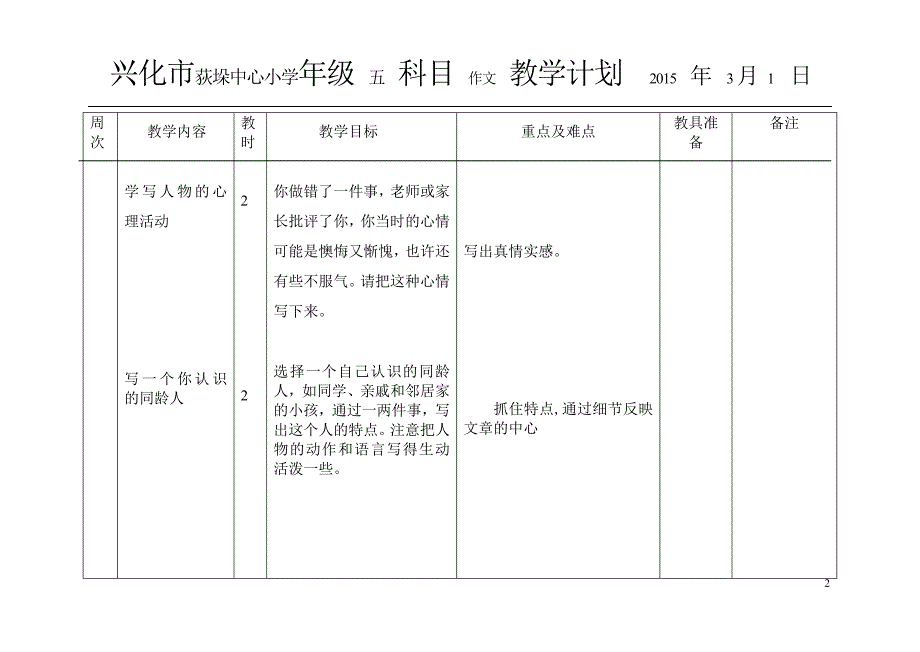 苏教版五年级下册作文教学计划表格_第2页