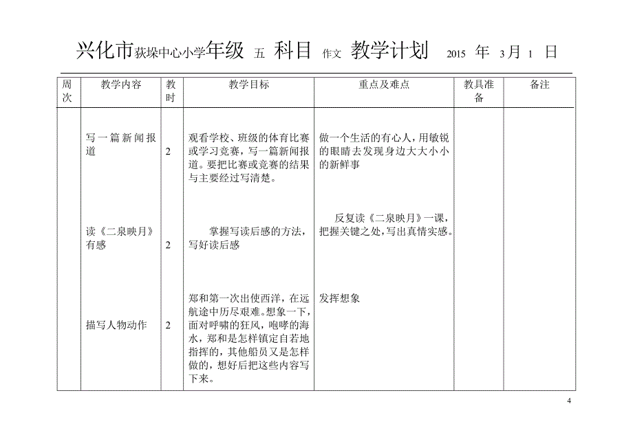 苏教版五年级下册作文教学计划表格_第4页