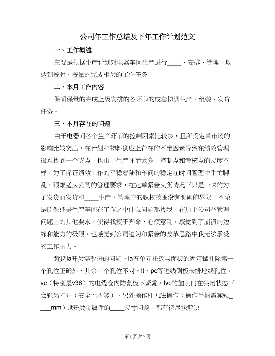 公司年工作总结及下年工作计划范文（二篇）.doc_第1页