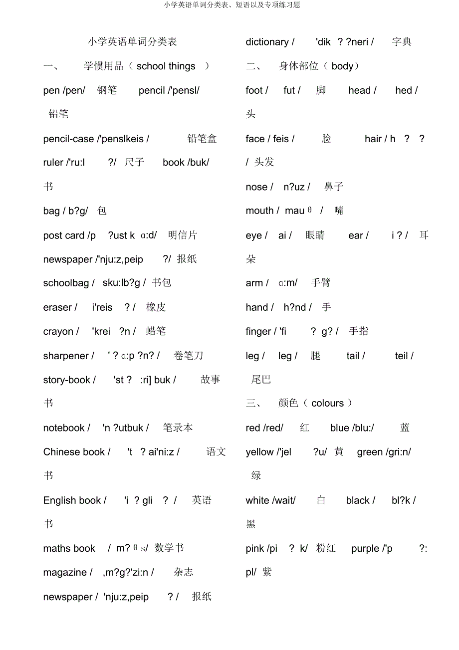 小学英语单词分类表短语及专项练习题.docx_第1页