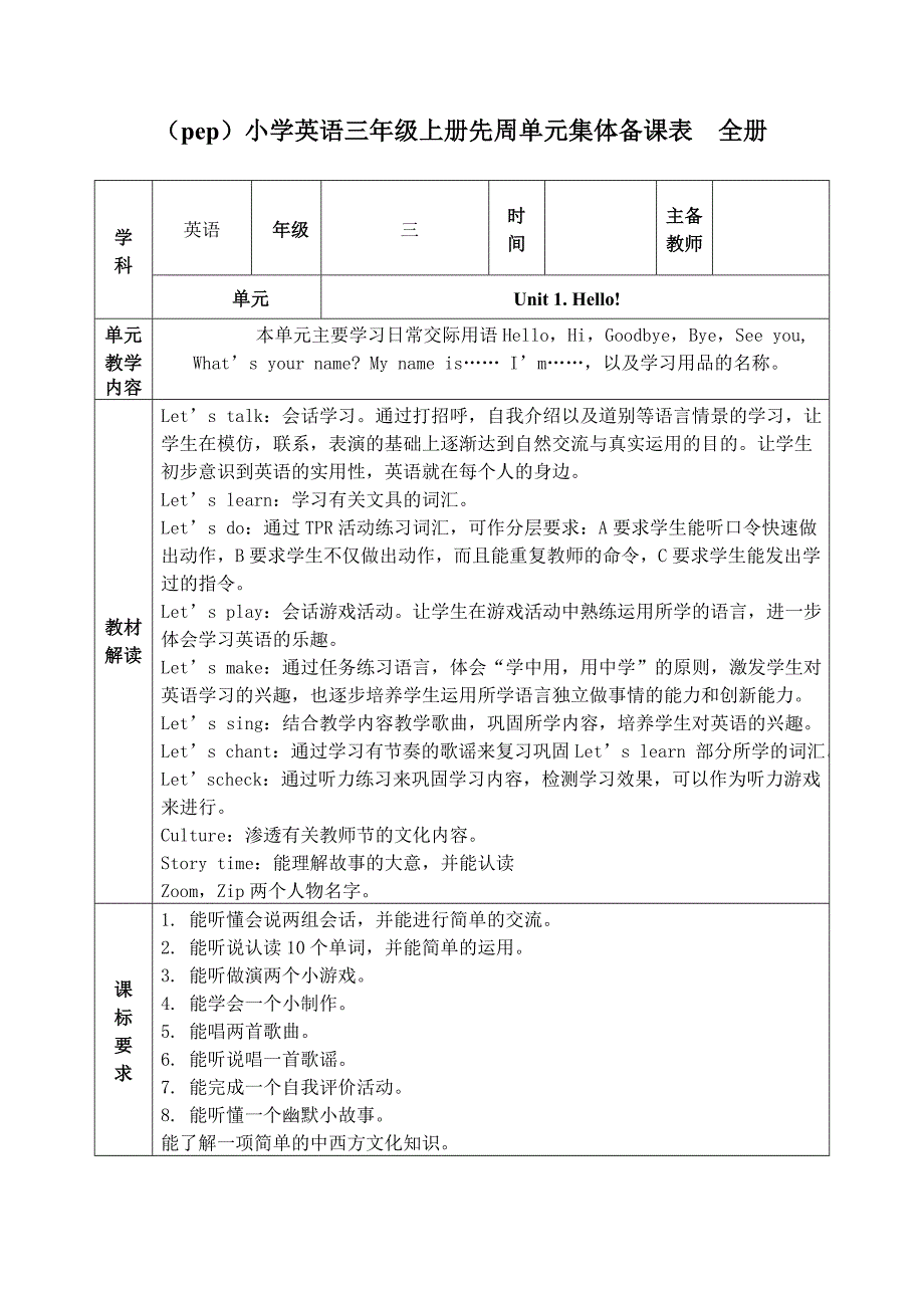 小学英语三年级上册先周单元集体备课表全册_第1页