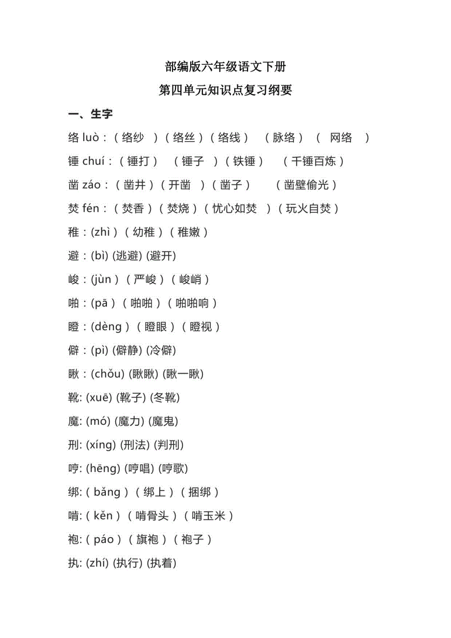 部编版六年级语文下册第四单元知识点复习纲要_第1页