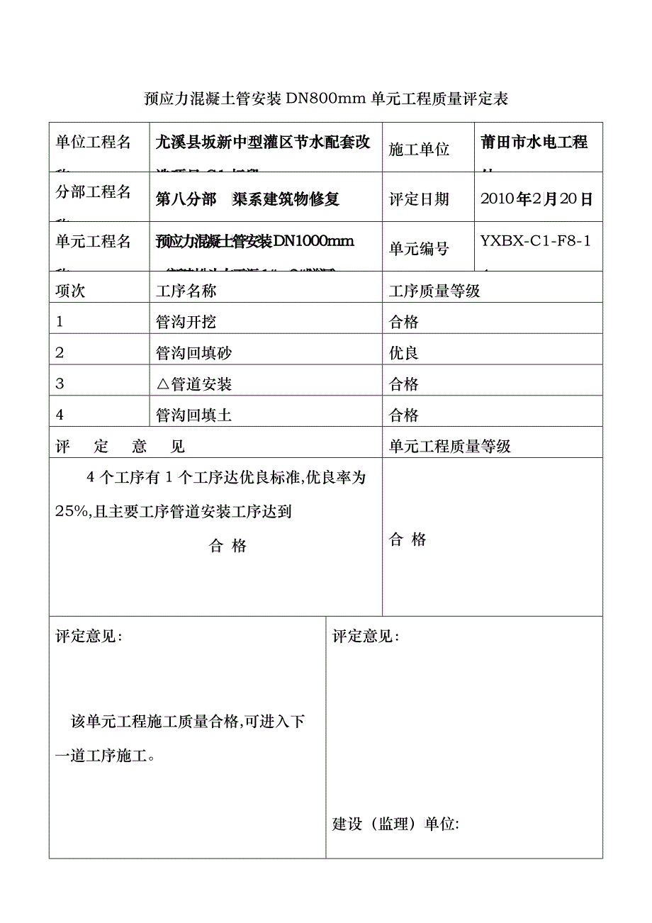 预制砼排污管单元工程质量评定表_第1页