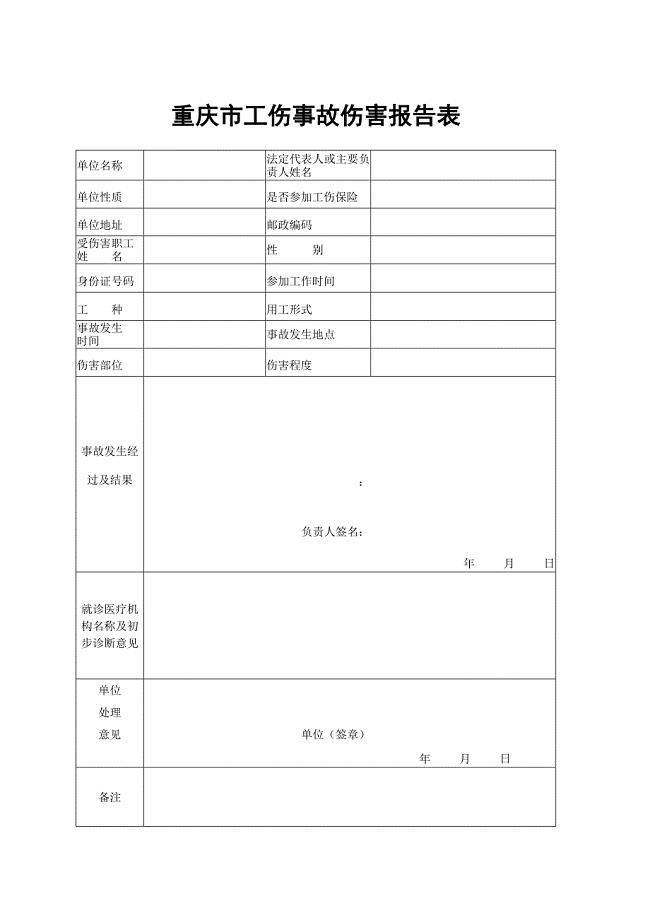 重庆市工伤事故伤害报告表