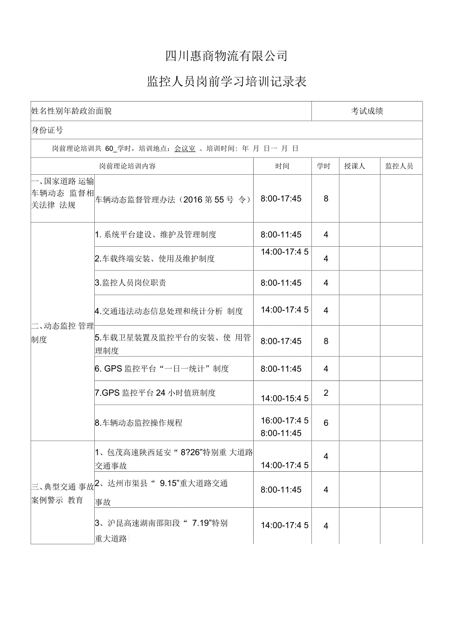 监控人员岗前学习培训记录表_第1页