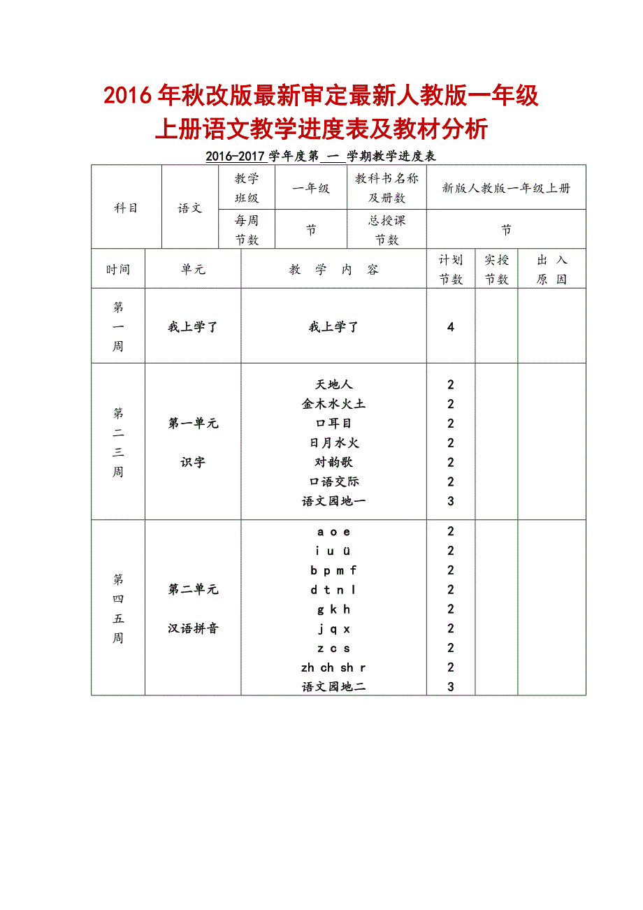 2016年秋改版最新审定最新人教版一年级上册语文教学进度表及教材分析_第1页