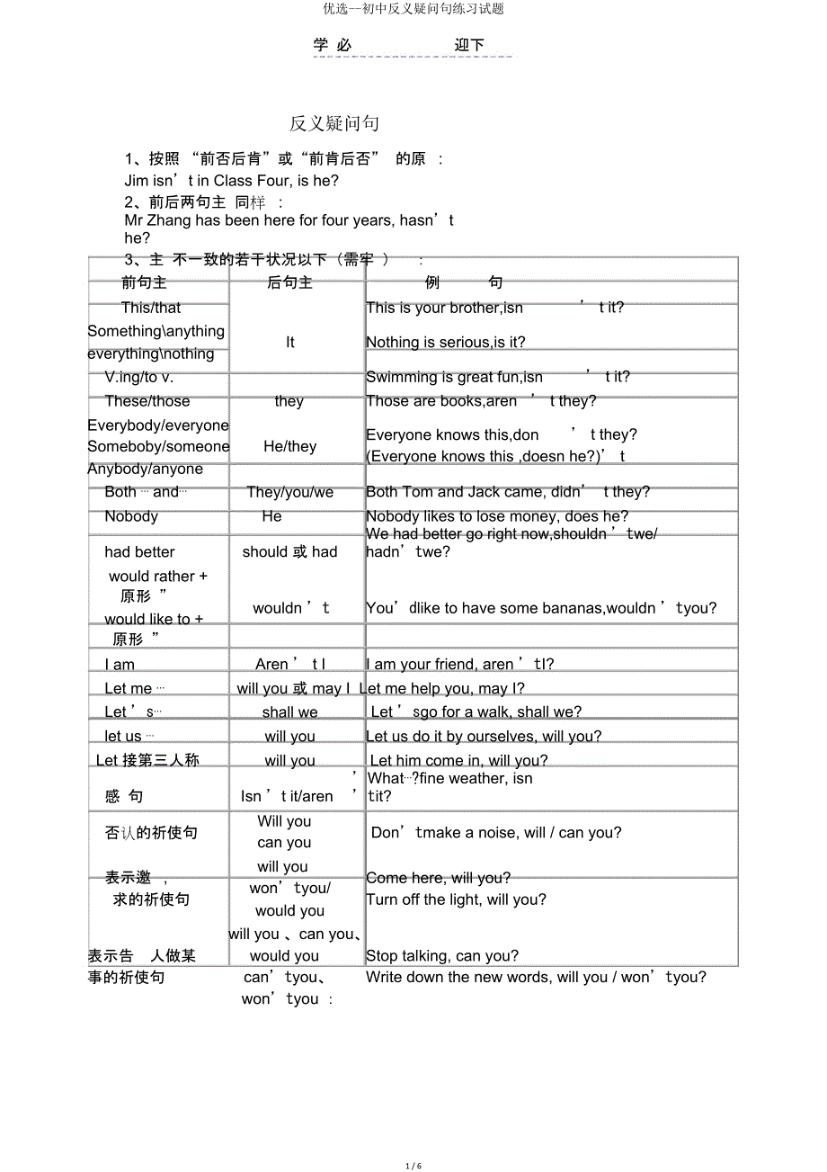 初中反义疑问句练习试题.doc_第1页