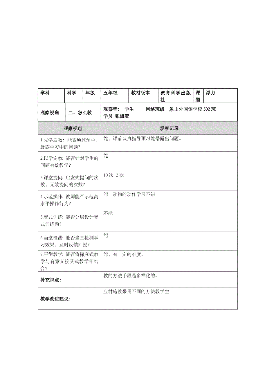 《浮力》课堂观察记录表单_第2页