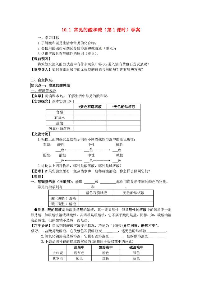 山东省冠县武训高级中学九年级化学下册10.1常见的酸和碱第1课时学案无答案新人教版