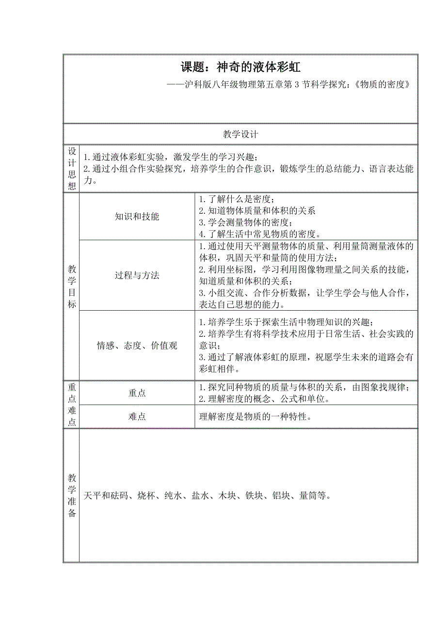 沪粤版八年级上册物理教案5.2探究物质的密度3_第1页