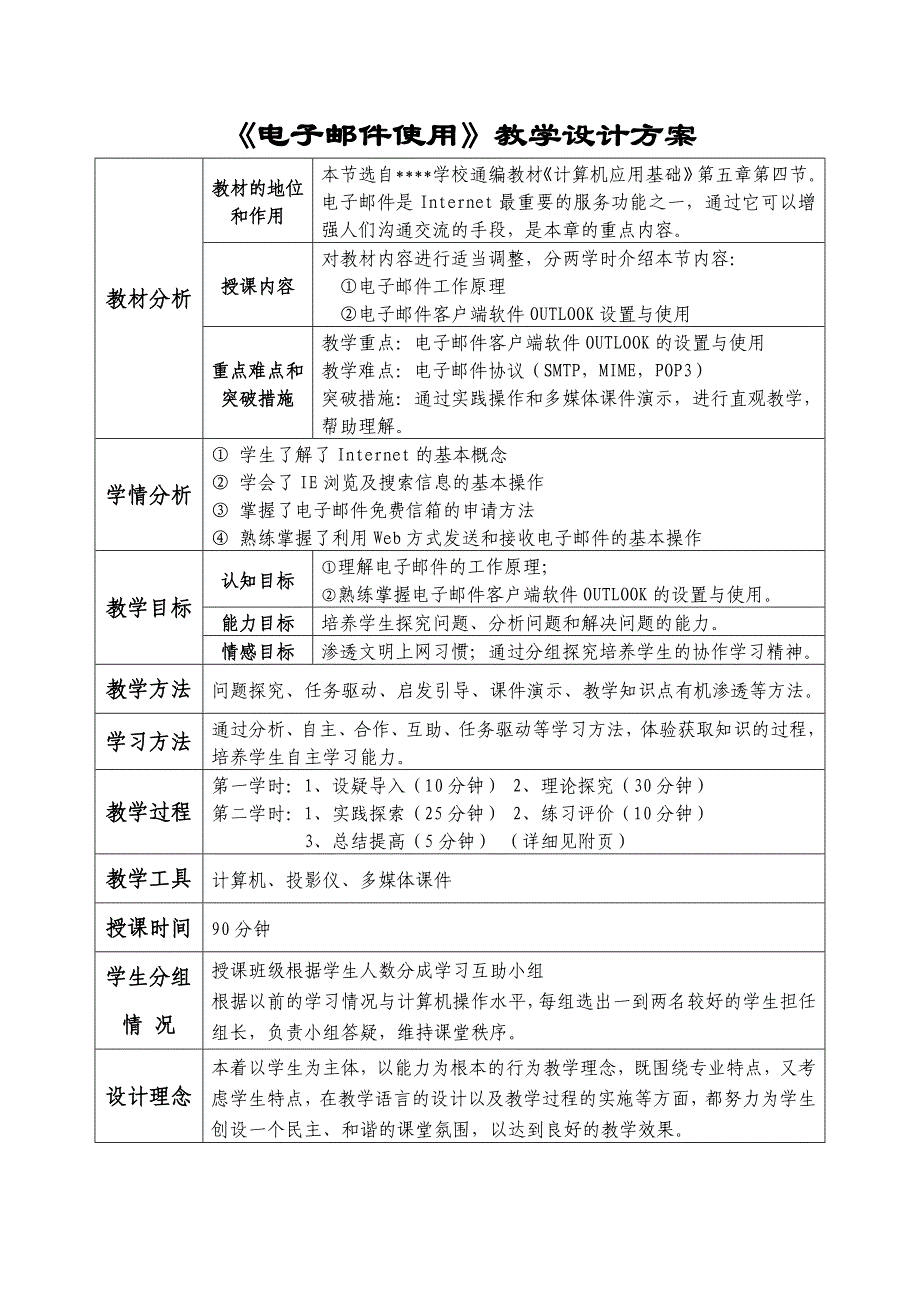 电子邮件使用教学设计方案_第1页