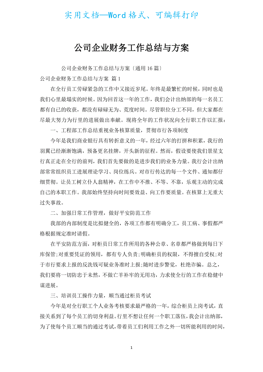 公司企业财务工作总结与计划.docx_第1页