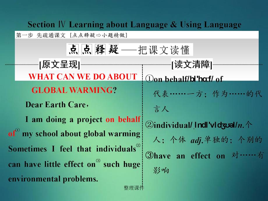 201x201x高中英语Unit4GlobalwarmingSectionLearningaboutLanguageampUsingLanguage新人教版选修_第1页