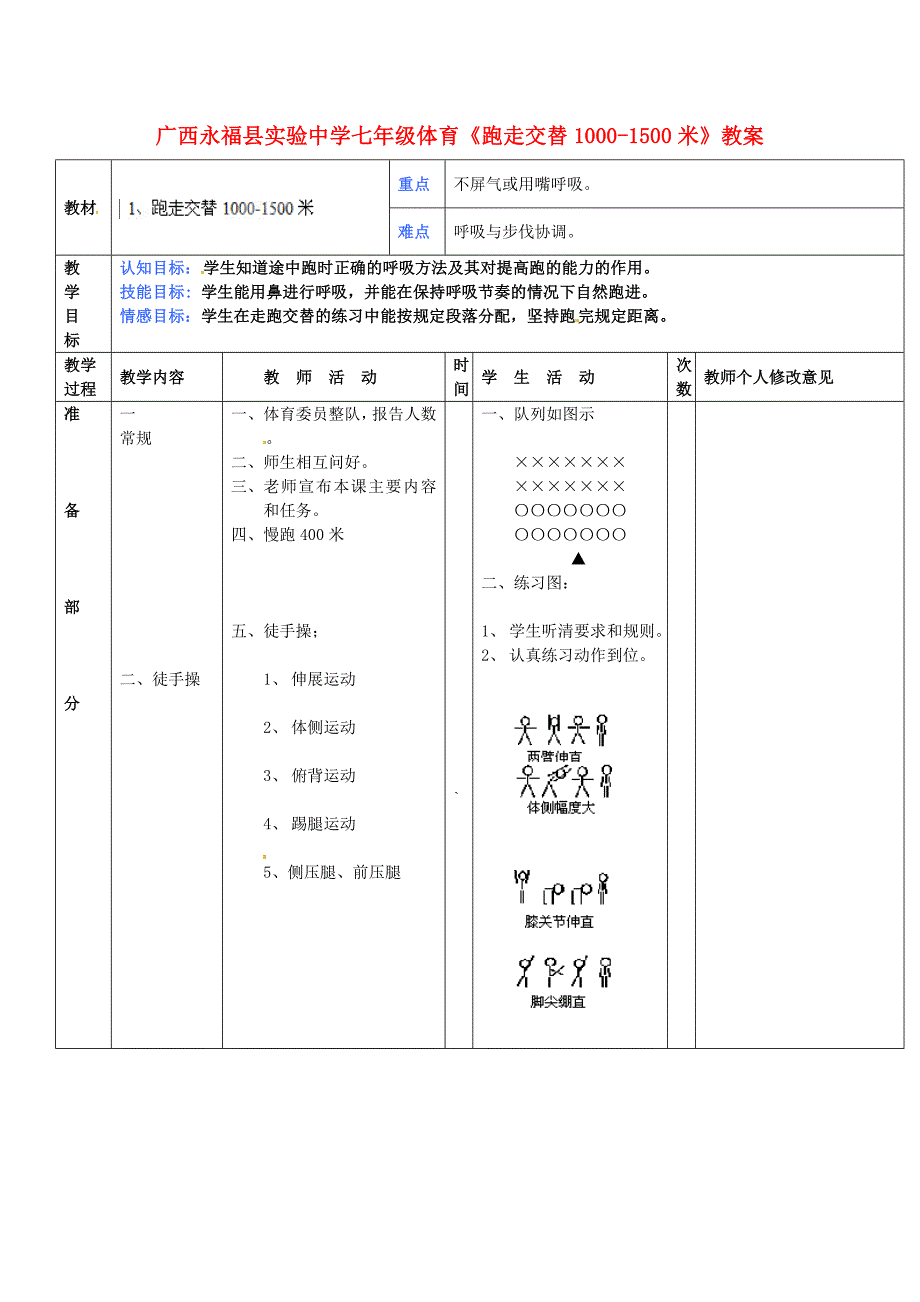 广西永福县实验中学七年级体育《跑走交替1000-1500米》教案_第1页