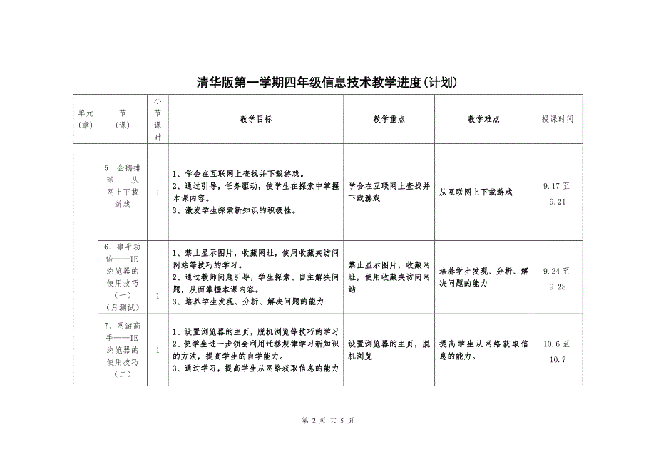 清华版教学计划（进度表）四年级（上）.doc_第2页