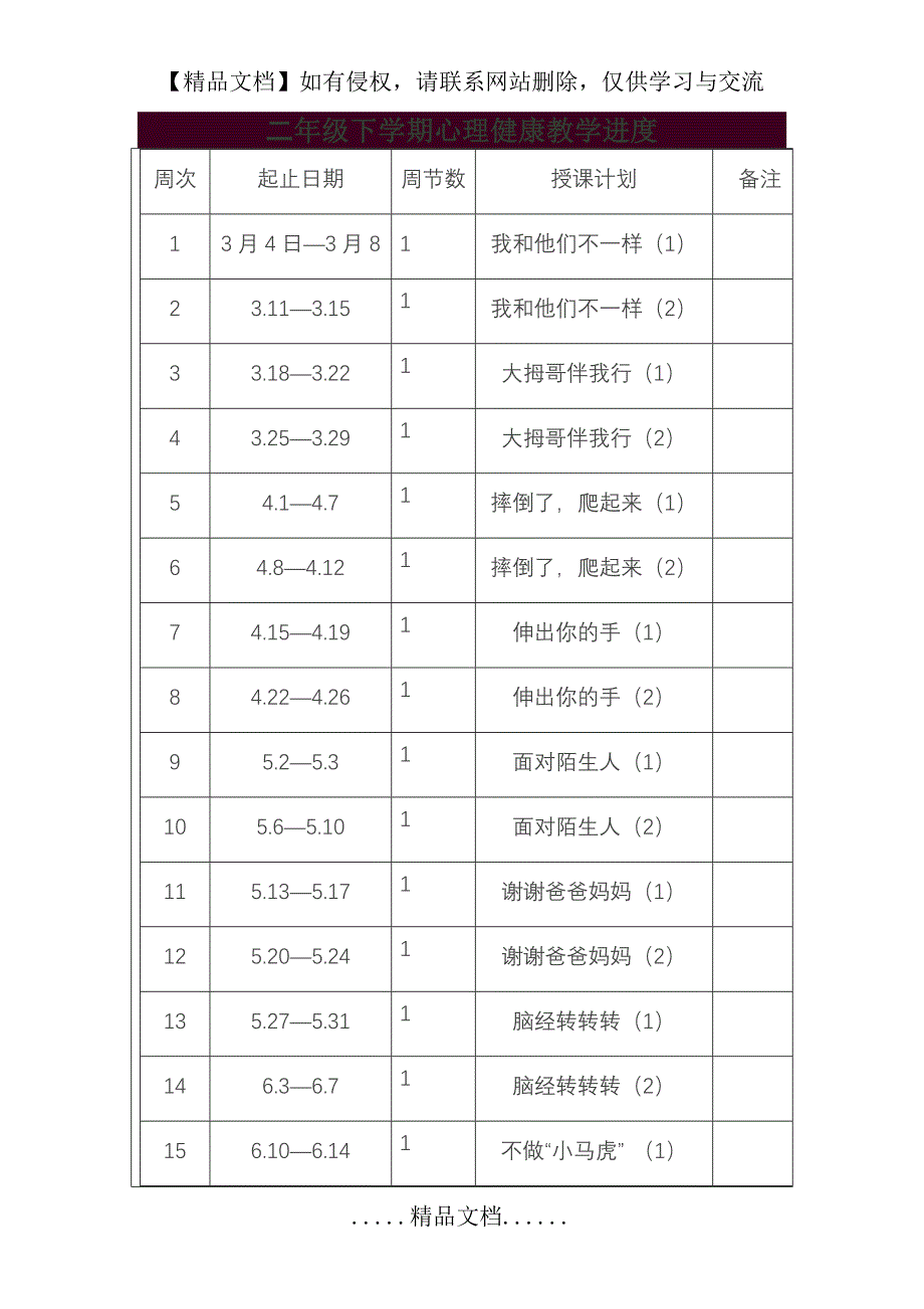 二年级下学期心理健康教学进度_第2页