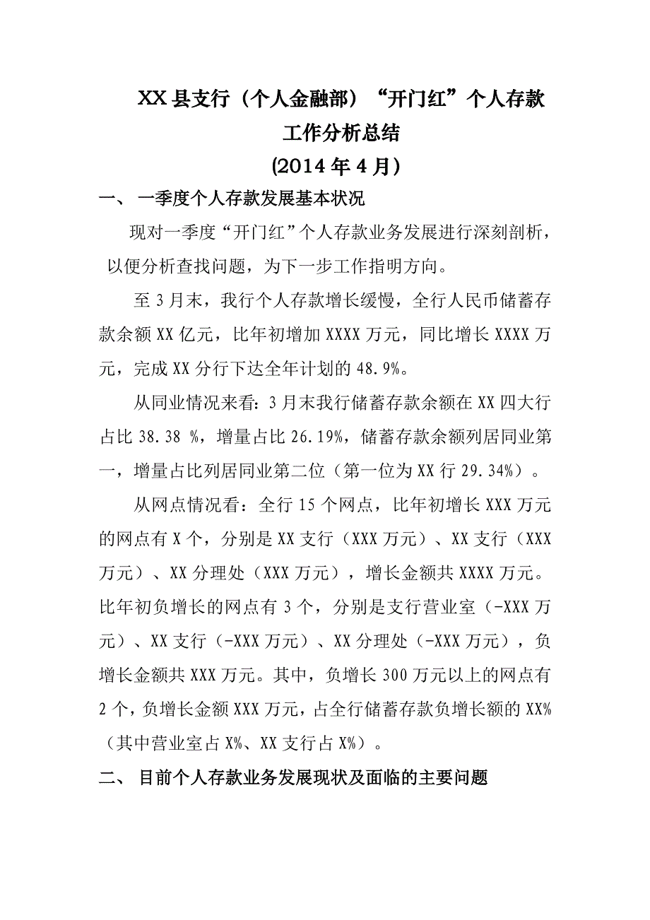 XX县支行个人金融部存款工作分析总结_第1页