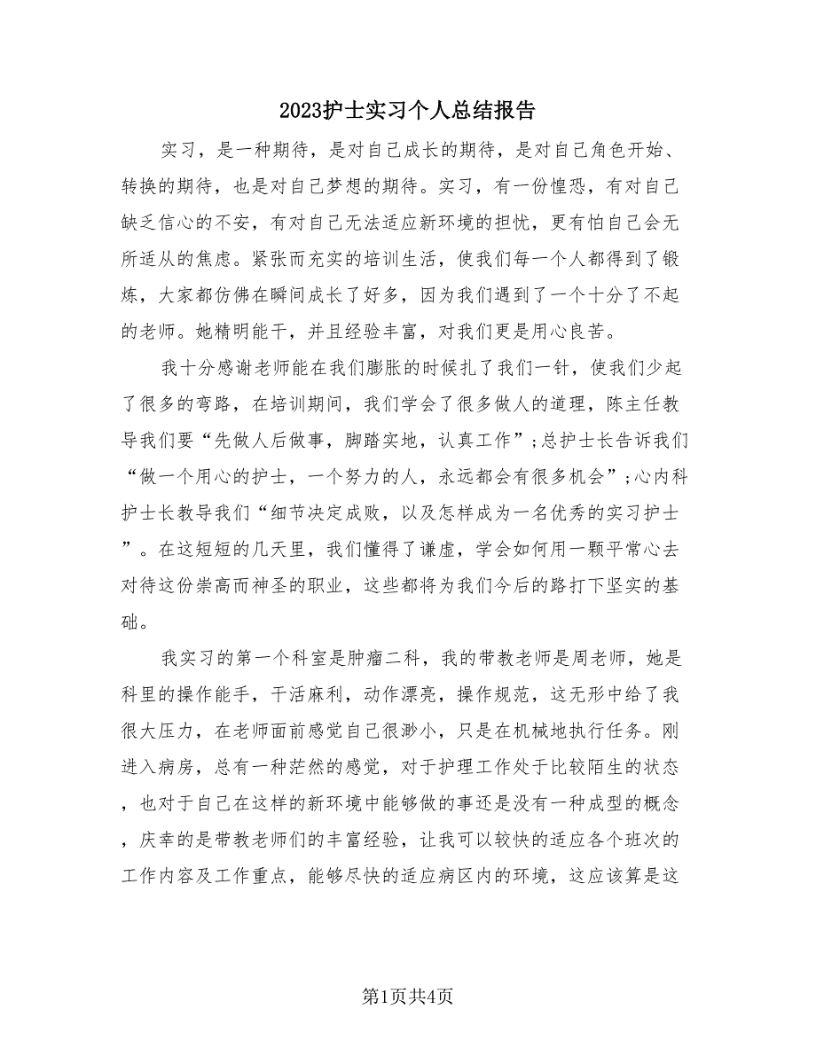 2023护士实习个人总结报告（2篇）.doc_第1页