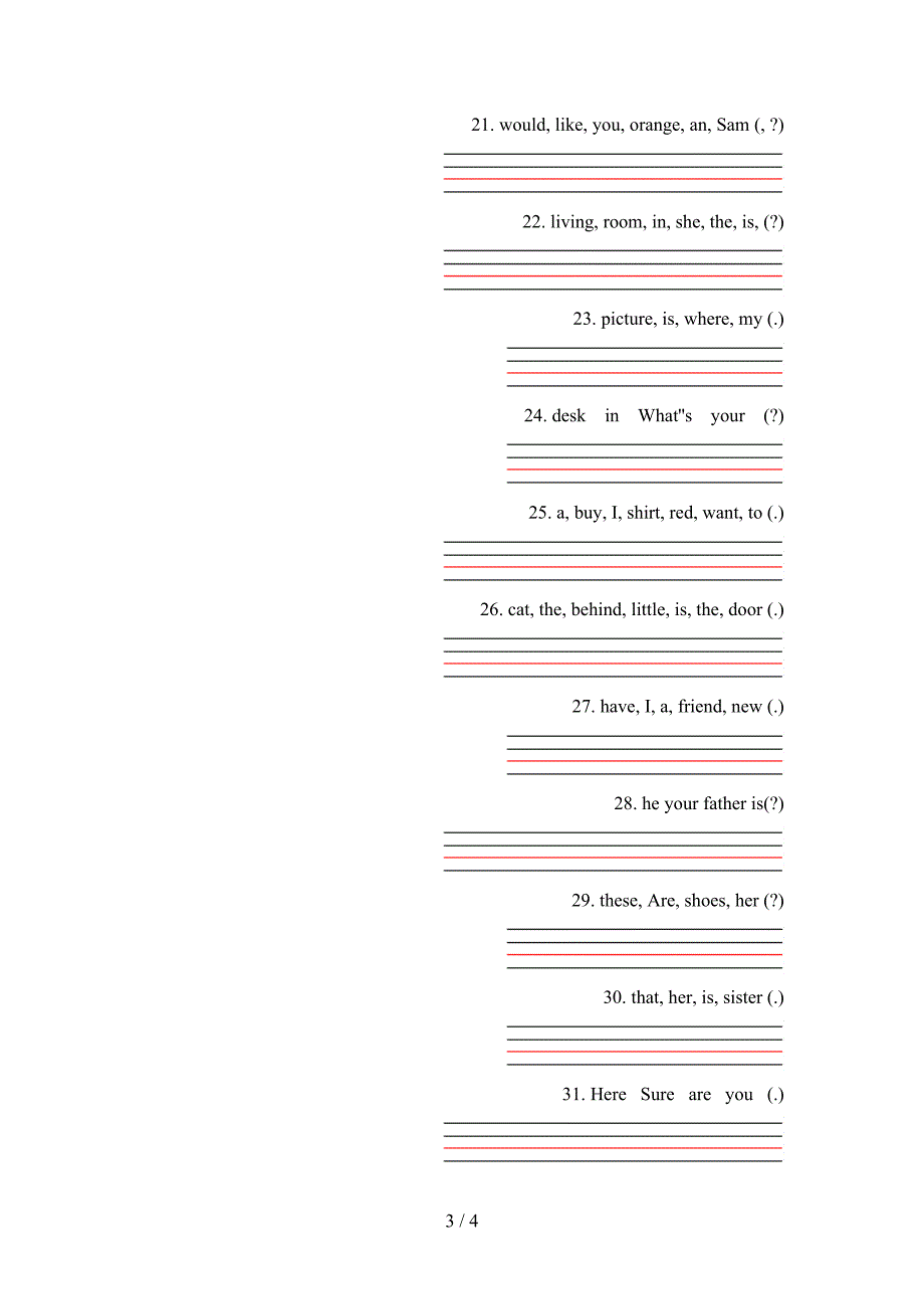 四年级外研版英语下学期连词成句专项提升练习_第3页