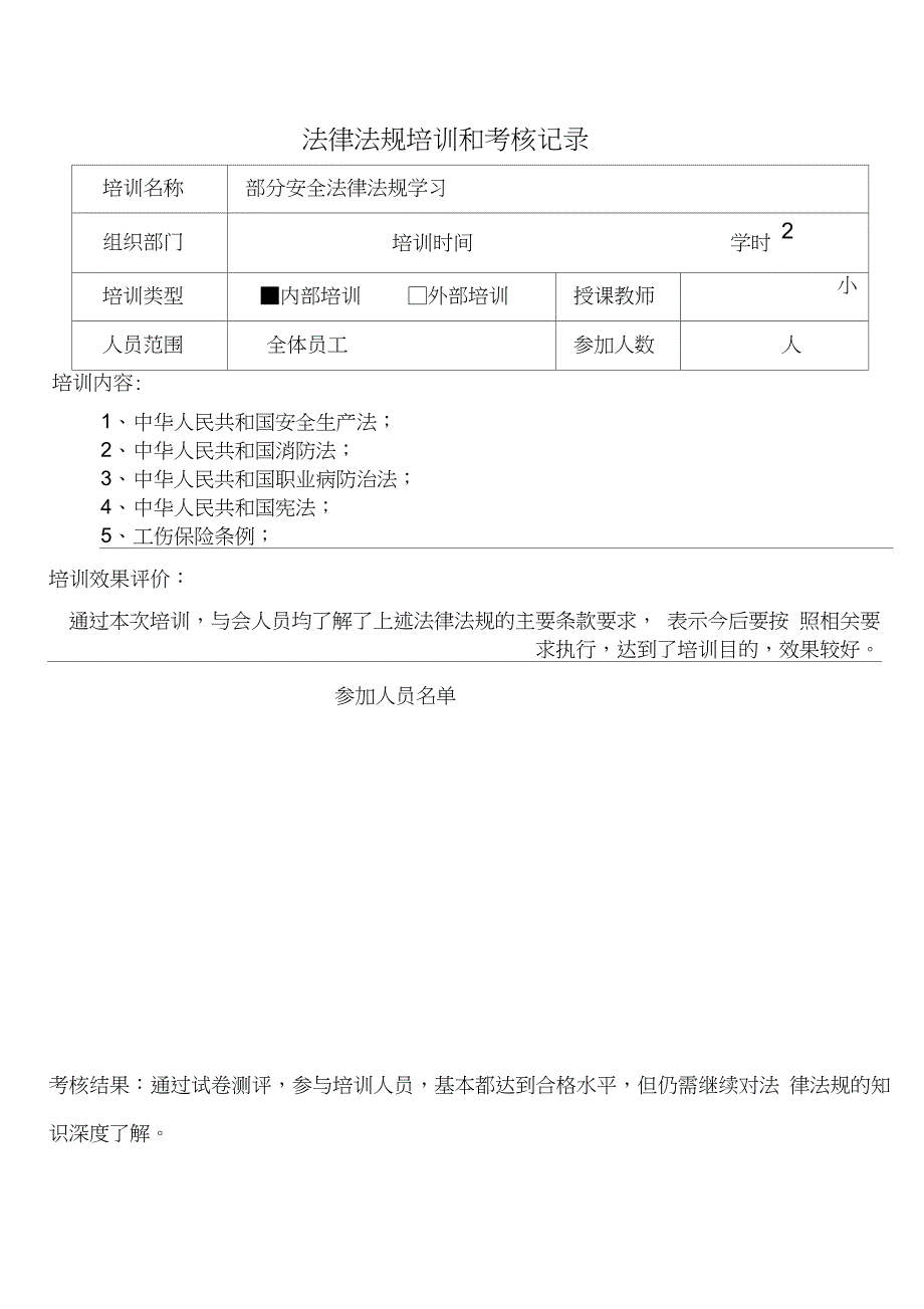 法律法规培训和考核记录.doc_第1页