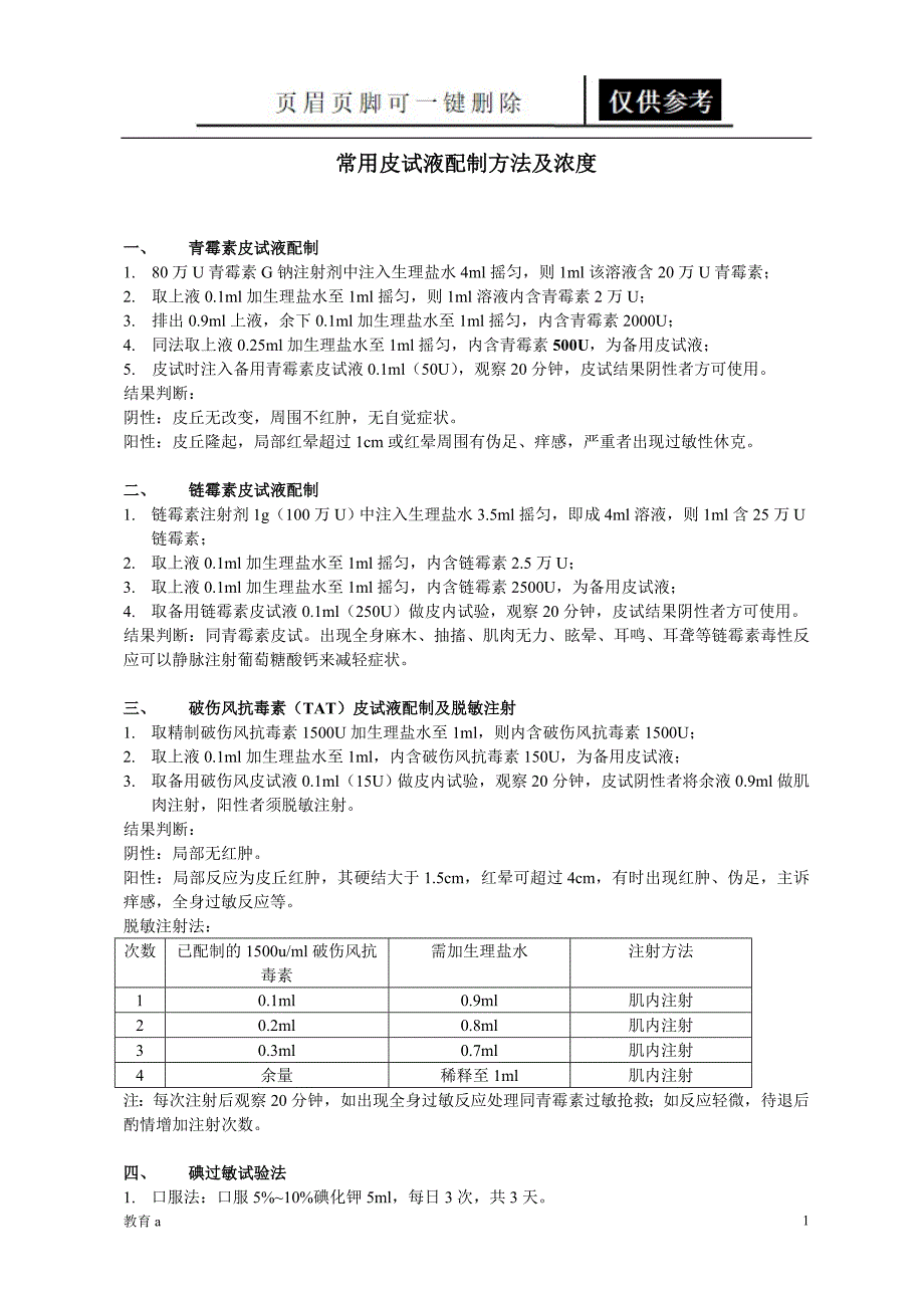 常用皮试液配制方法及浓度谷风教学_第1页