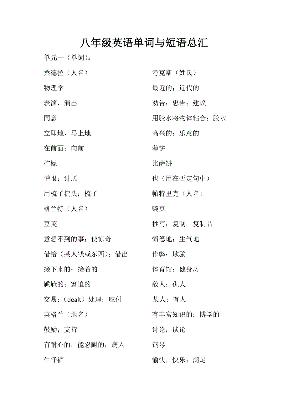 冀教八年级上册英语单词与短语总汇-默写 （精选可编辑）.doc_第1页