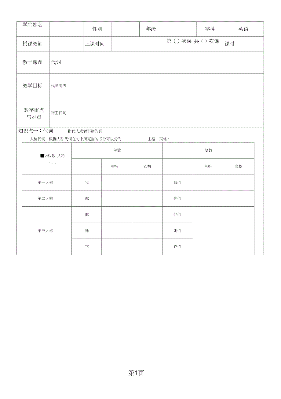 2019广东省广州市中考英语语法复习一代词教学设计教育.doc_第1页