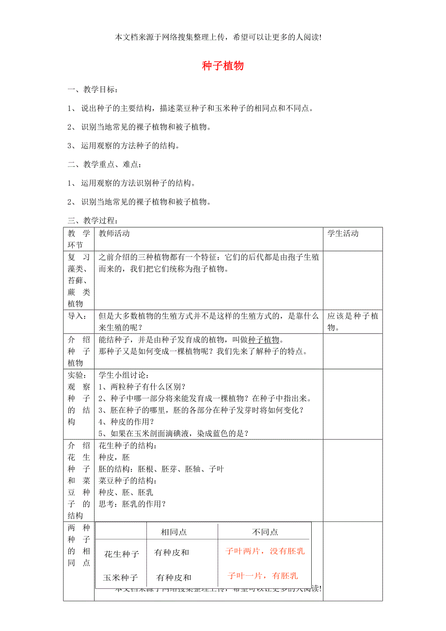 七年级生物上册 3.1.2 种子植物教案2 （新版）新人教版_第1页