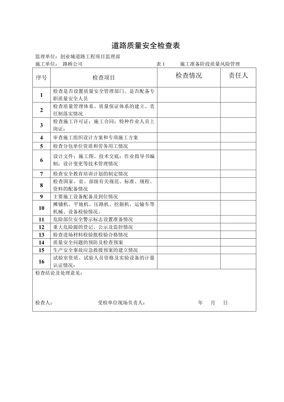 道路质量安全检查表_第1页