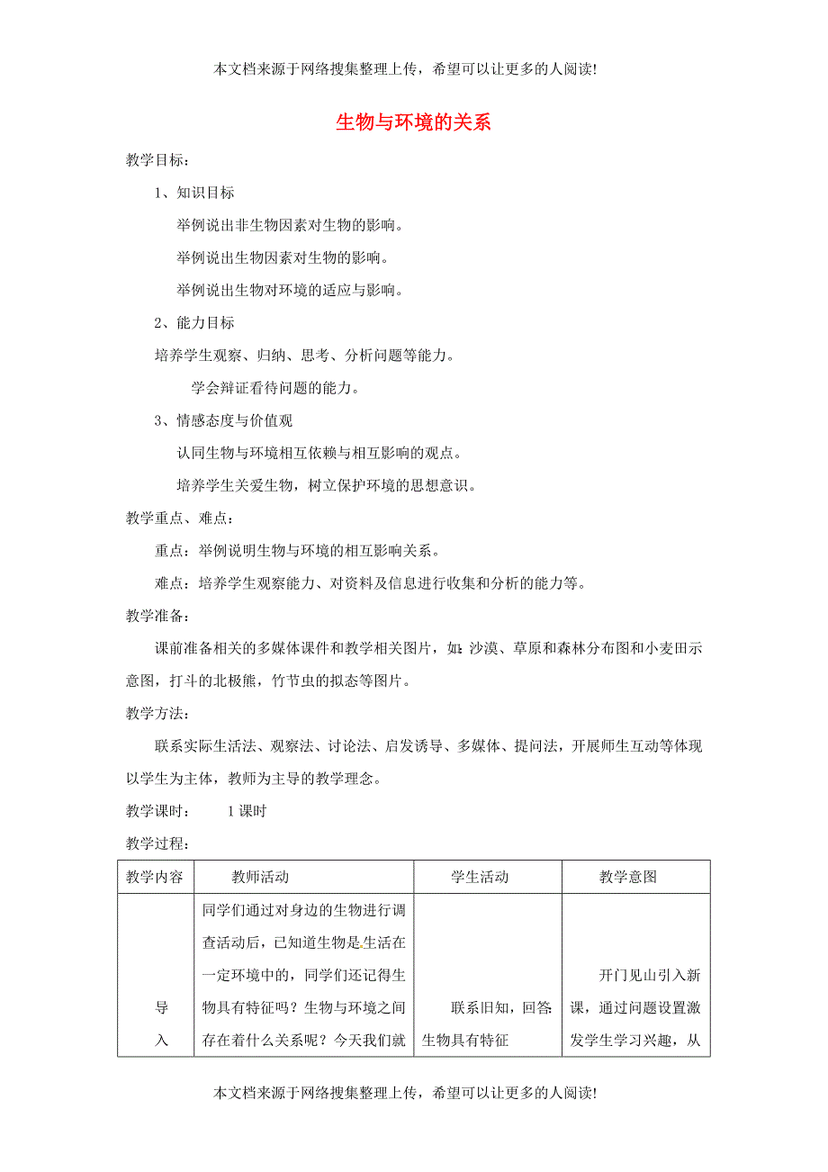 安徽省合肥市长丰县七年级生物上册 1.2.1《生物与环境的关系》教案1 （新版）新人教版_第1页